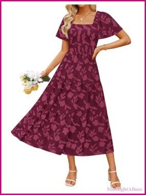 Womens Boho Floral Square Neck Midi Dress Short Sleeve A-Line Flowy With Pockets